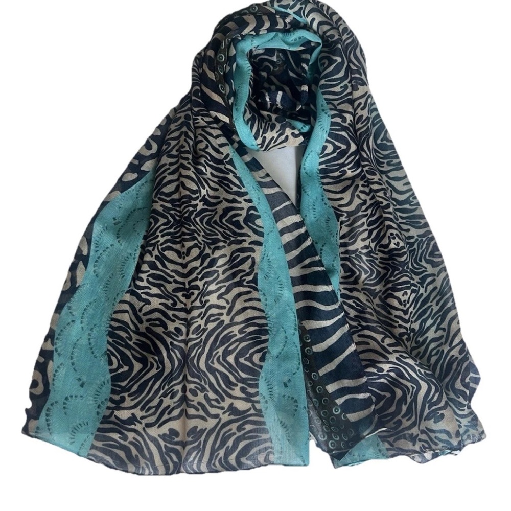 Blue Pacific Shawl Scarf 80% Cashmere 20% Silk Animal Print Rectangle 66” x 25”